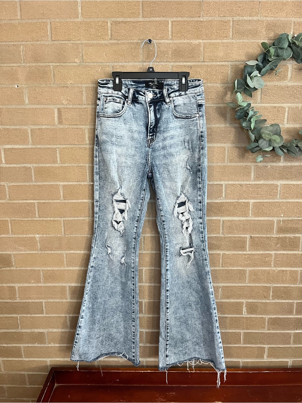 High-Rise Distressed Flare Jeans - Acid Wash Light Blue